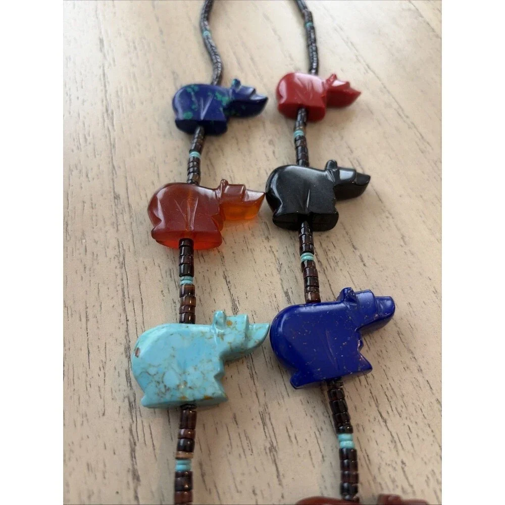 NATIVE AMERICAN CARVED TURQUOISE & STONE BEAR BEARS HEISHI FETISH NECKLACE 30”L - Picture 3 of 5